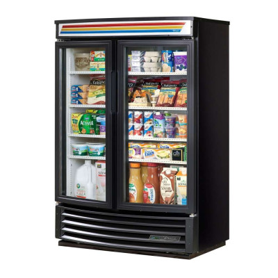 True GDM-35SL-RF-HC-LD Black 2-Glass Swing Door Radius Front Merchandiser Refrigerator